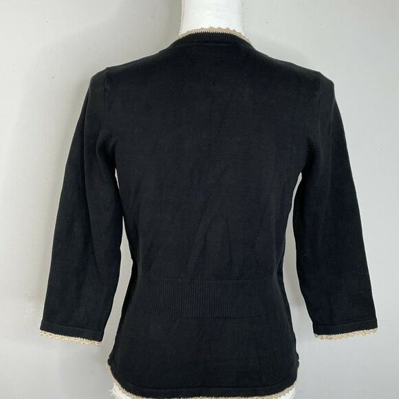White House Black Market Black Taupe Trim Ribbon Tie Waist Cardigan Size S - Picture 6 of 9